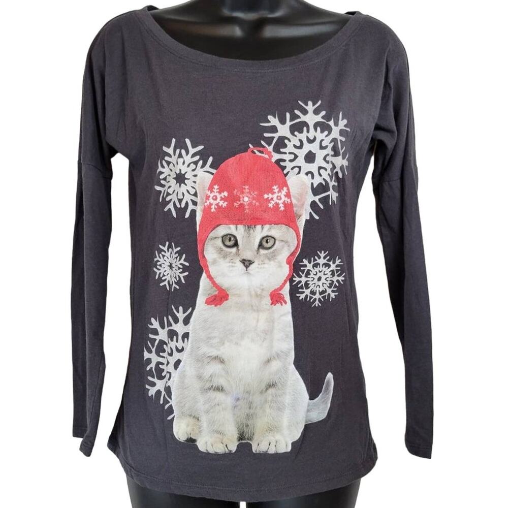 Freeze Womens Gray Long Sleeve Cute Cat Snowflake Graphic T Shirt Top XS